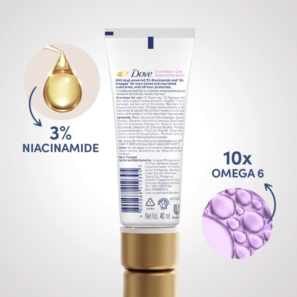 Dove Radiant + Care Deodorant Dry Serum 3% Niacinamide 10x Omega 6 40ml