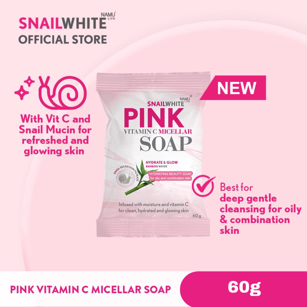 SNAILWHITE Pink Vitamin C Micellar Soap 60g - La Belleza AU Skin & Wellness